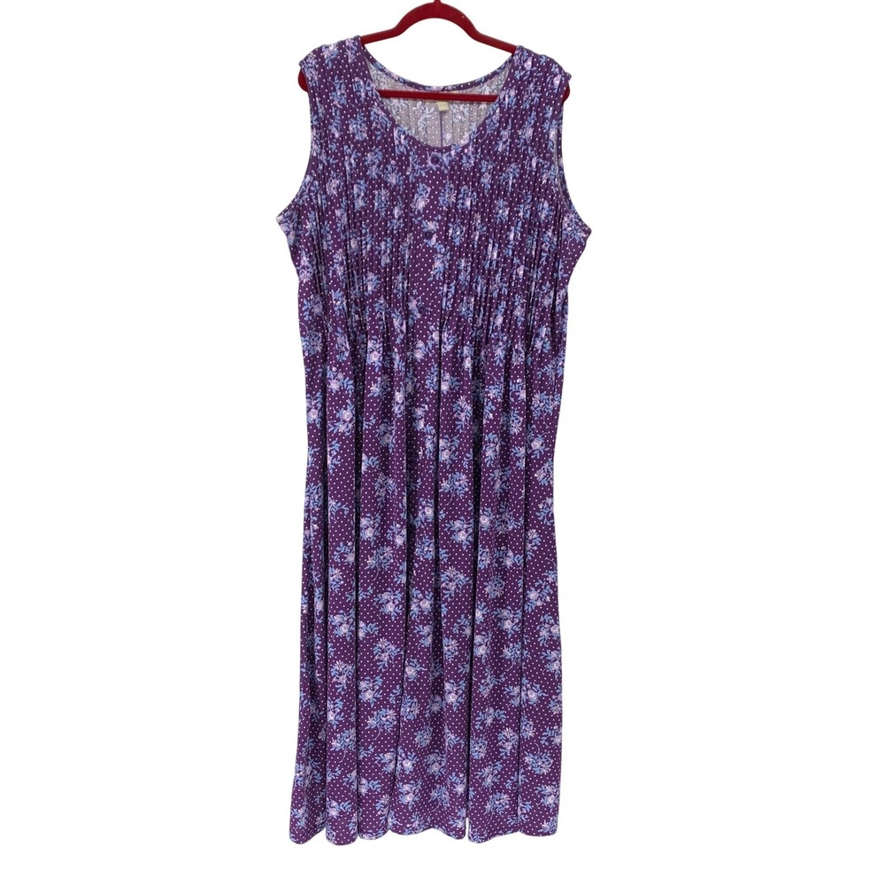 Woman Within size 1X (22/24) Purple Floral Polka Dot Pintuck Maxi Dress